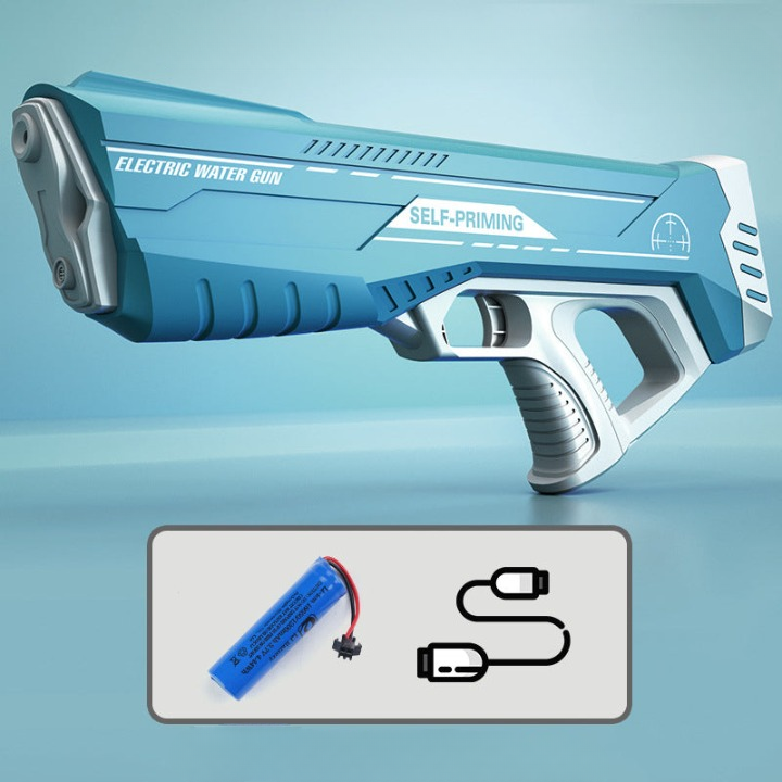 Robust vandpistol med kraftig stråle, stor tank og USB-batteri, ideel til sommerens vandkampe, blå/rosa.