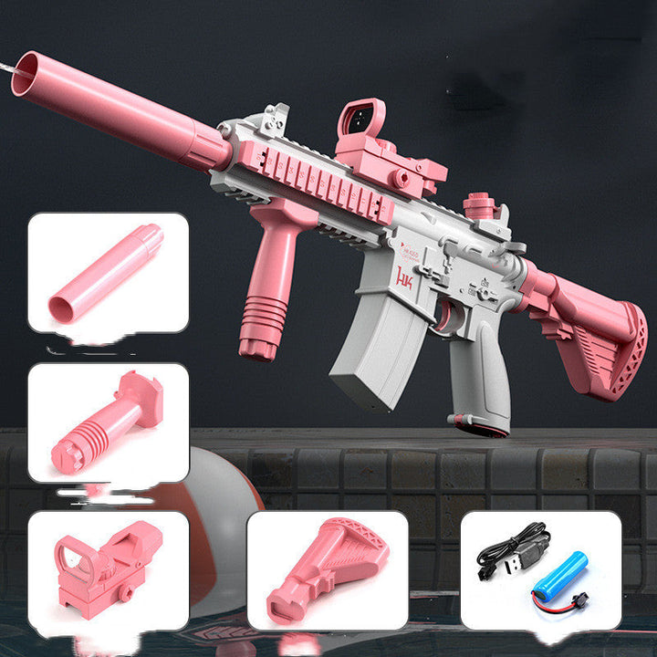 Robust vandpistol med kraftig stråle, stor tank og USB-batteri, ideel til sommerens vandkampe, blå/rosa.