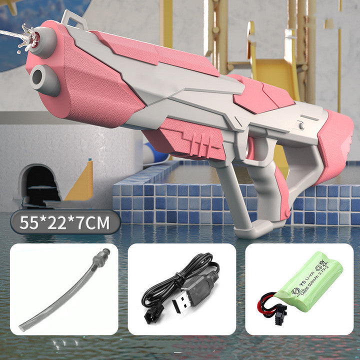 Robust vandpistol med kraftig stråle, stor tank og USB-batteri, ideel til sommerens vandkampe, blå/rosa.