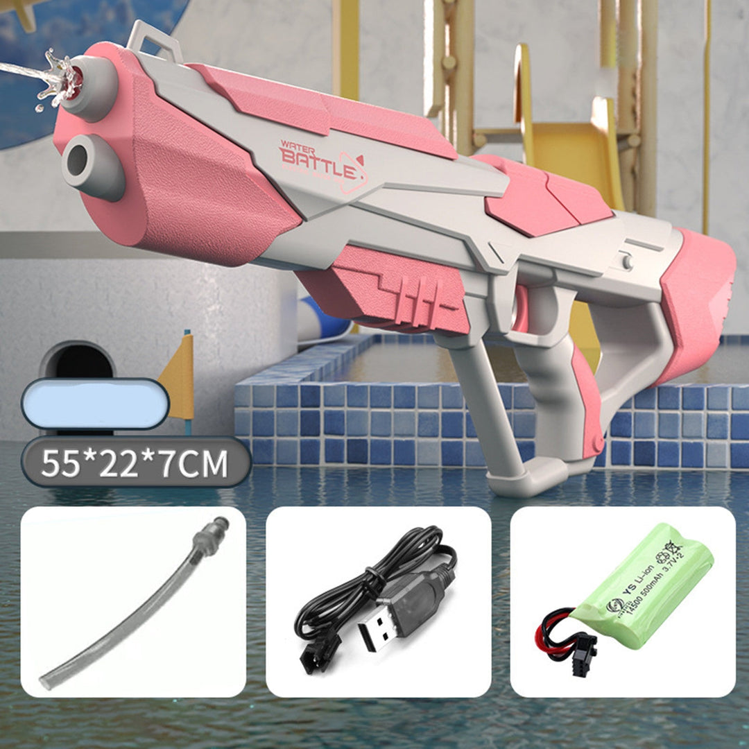 Robust vandpistol med kraftig stråle, stor tank og USB-batteri, ideel til sommerens vandkampe, blå/rosa.