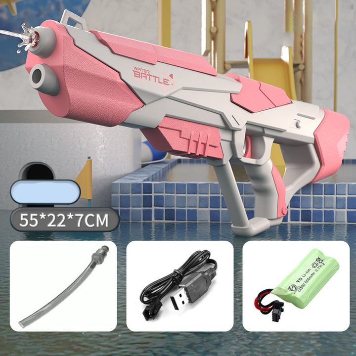 Robust vandpistol med kraftig stråle, stor tank og USB-batteri, ideel til sommerens vandkampe, blå/rosa.