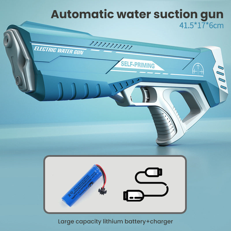 Robust vandpistol med kraftig stråle, stor tank og USB-batteri, ideel til sommerens vandkampe, blå/rosa.