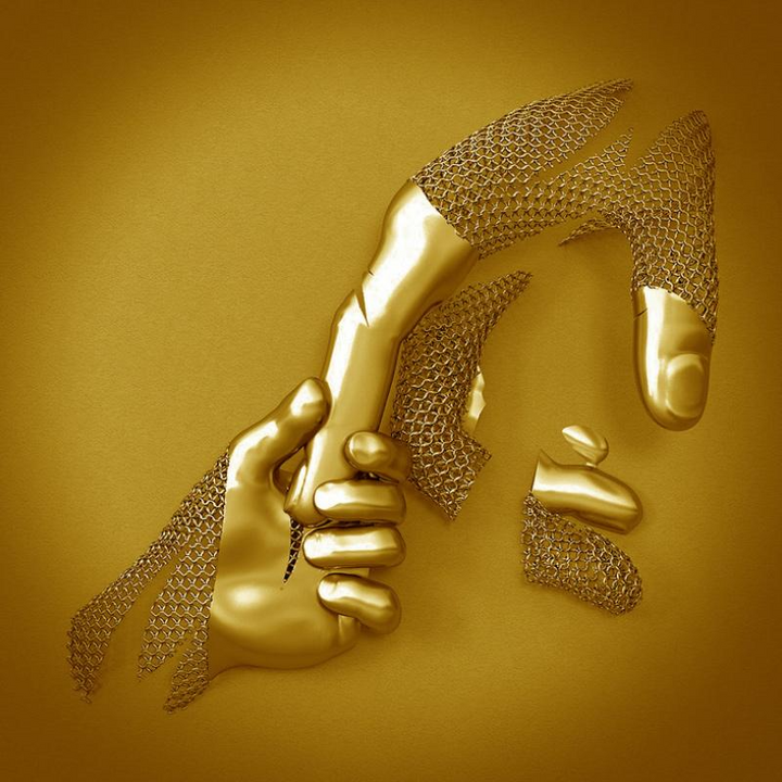 Canvasbillede i soveværelset. Romantisk vægkunst med metalfigur af par i gråtoner og guld. Indretning.