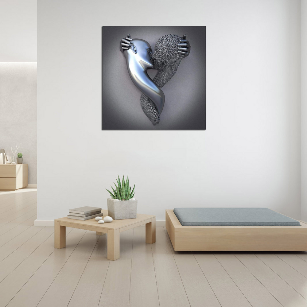 Canvasbillede med elegant metalfigur af par. Moderne vægkunst, skaber dybde i gråtoner og guld.