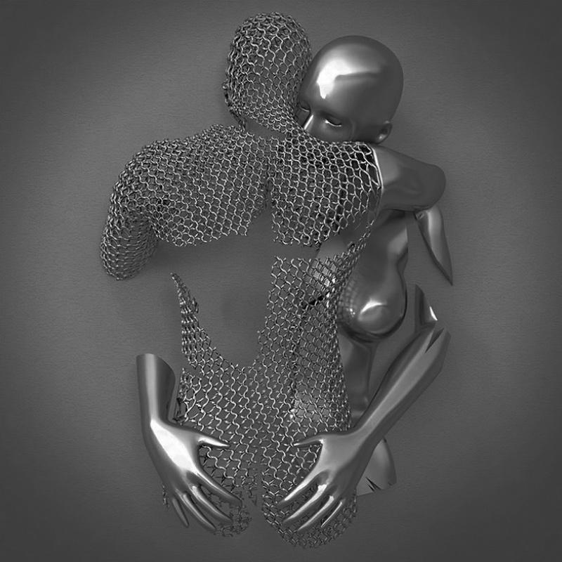 Romantisk vægkunst. Canvasbillede med metalfigur af par. Moderne, i gråtoner og guld. Perfekt kærlighedsgave.