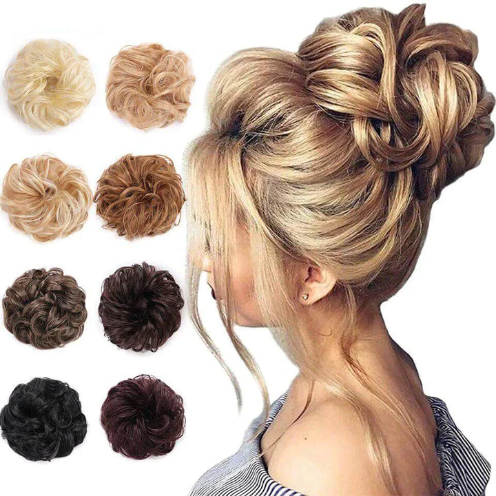 Rommelig haarknot scrunchie i syntetisk hår. Nem og hurtig styling for kvinder.