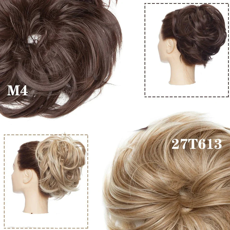 Mørkebrun rommelig haarknot scrunchie i syntetisk hår. Giver en fyldig, elegant håropsætning.