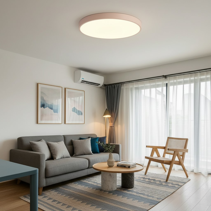 Elegant flad LED loftslampe med varmt stemningslys, skaber hygge i ethvert rum.