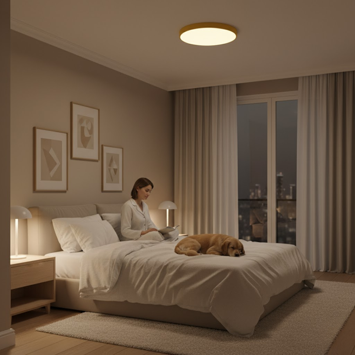 Moderne rund LED loftslampe i hvid, diskret og energieffektiv belysning til hjemmet.