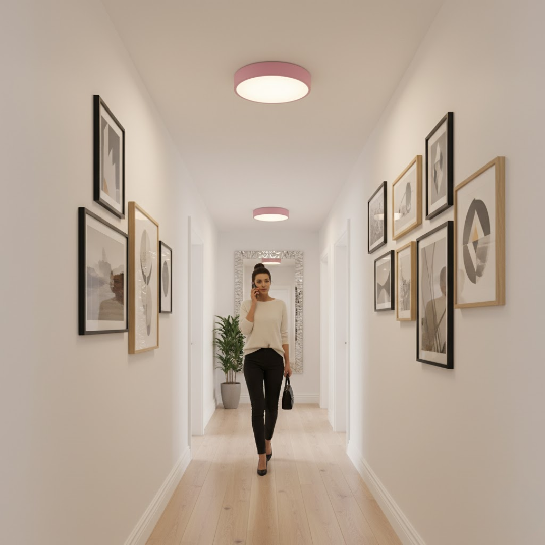 Ultra-flad LED loftslampe til stuen, giver jævn og behagelig belysning i moderne stil.