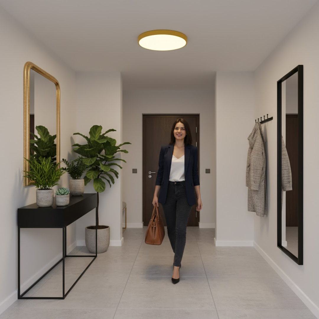 Tynd LED loftslampe i rundt design, perfekt til lavloftede rum eller minimalistisk indretning.