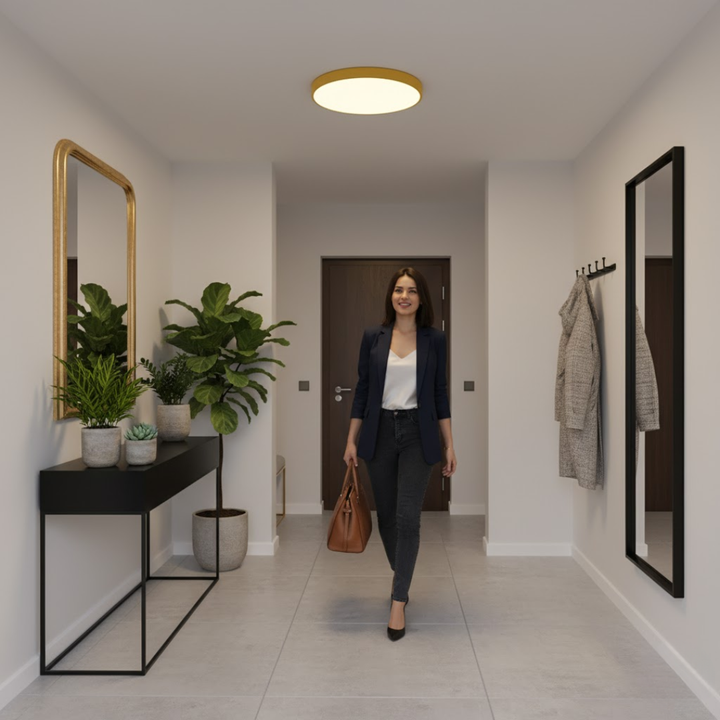 Tynd LED loftslampe i rundt design, perfekt til lavloftede rum eller minimalistisk indretning.