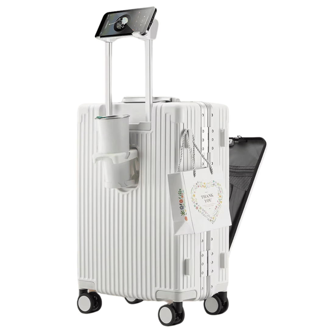 Sølv Manhattan Pro hård kabinekuffert med smartfunktioner, USB og laptoprum til håndbagage.