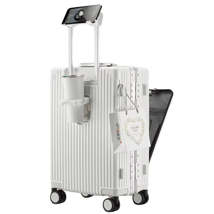 Sølv Manhattan Pro hård kabinekuffert med smartfunktioner, USB og laptoprum til håndbagage.