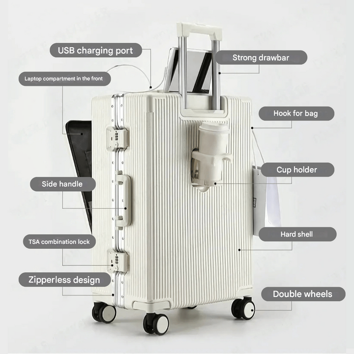 Sølv Manhattan Pro rejsekuffert med integreret powerbank-rum og nem adgang til opladning via USB.