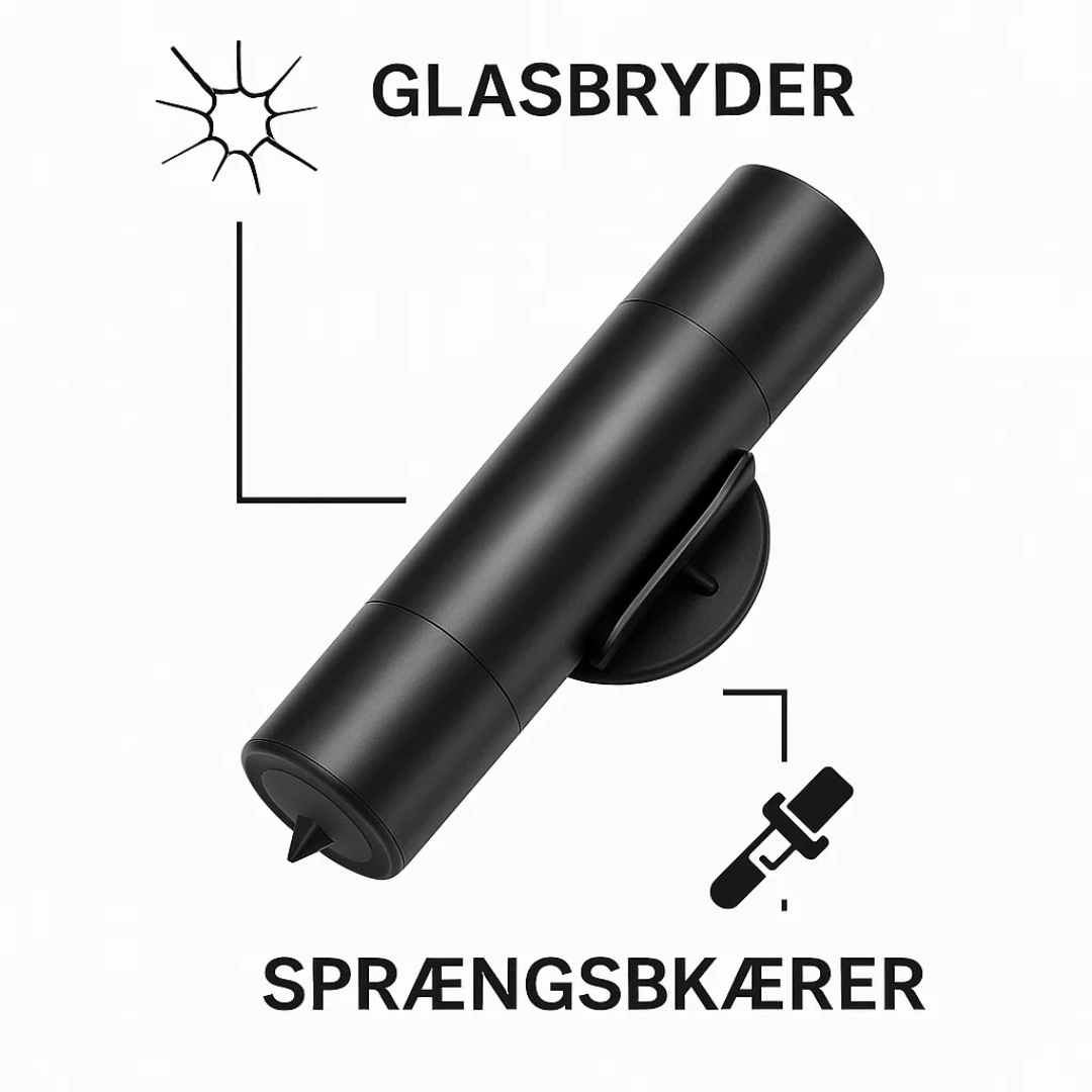SafeKey nødhjælpsværktøj. Kompakt glasbryder og sikkerhedssnitter designet til bil nødsituationer. Øg din sikkerhed.