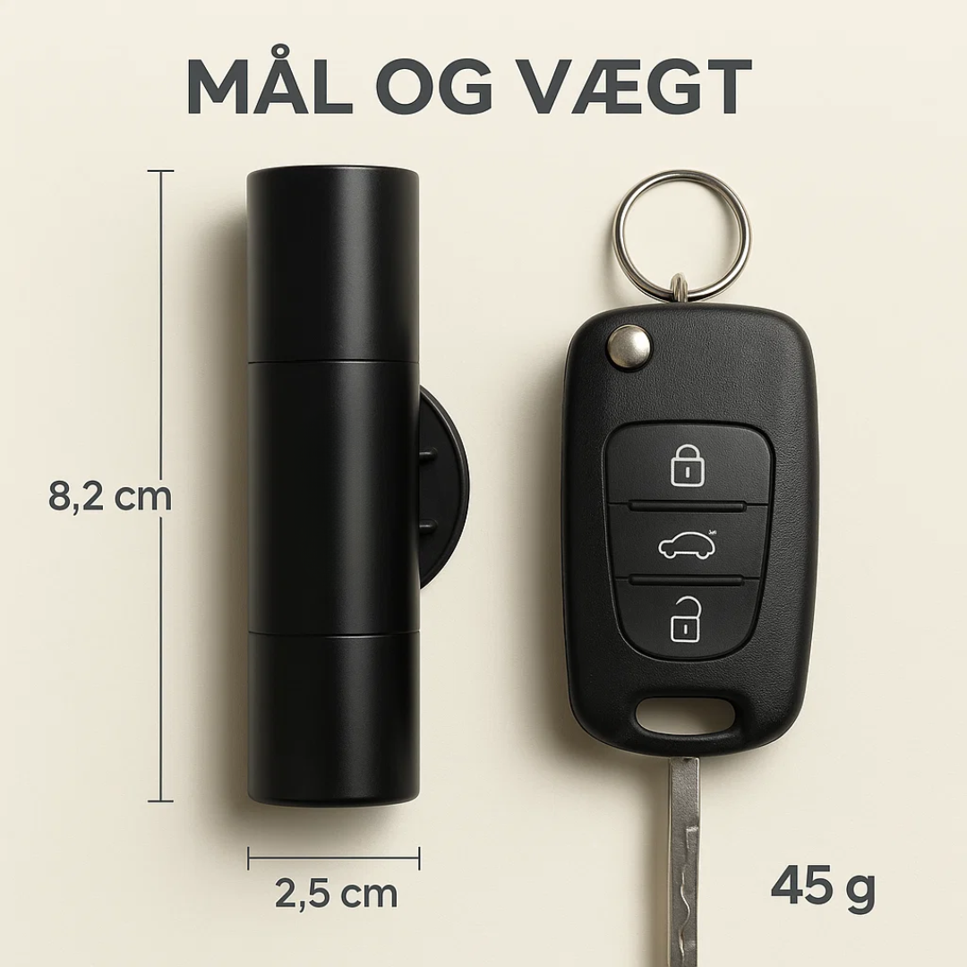 Sikkerhed for bil: SafeKey nødhjælpsværktøj. Glasbryder og sikkerhedssnitter. Livreddende kompakt tilbehør til køretøjer.