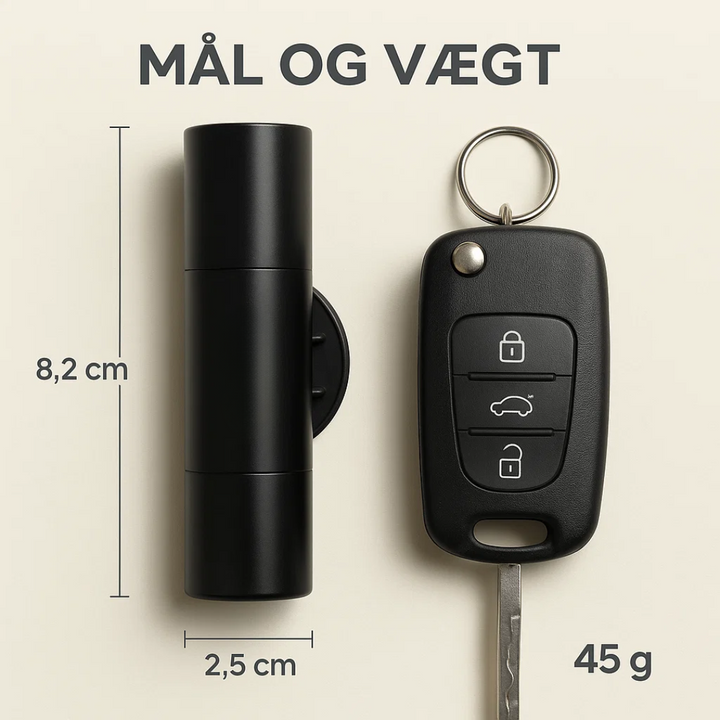 Sikkerhed for bil: SafeKey nødhjælpsværktøj. Glasbryder og sikkerhedssnitter. Livreddende kompakt tilbehør til køretøjer.