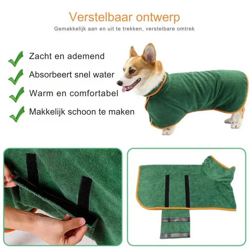 Meget absorberende hundebadekåbe i mikrofiber i blå, brun, gul, grå eller grøn, perfekt til våde hunde.