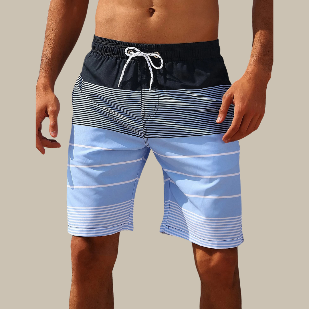 Hurtigtørrende Colorblock Badeshorts til mænd i lyseblå nuance, med elastisk pasform og et moderne farveblokdesign.