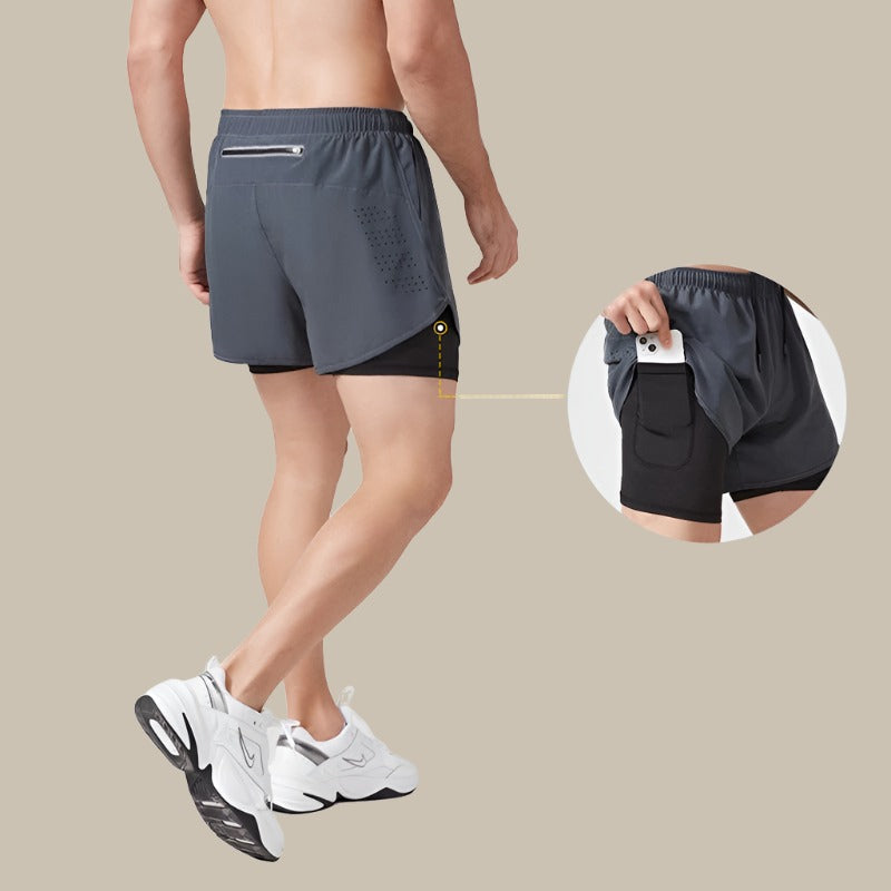 Herre hurtigtørrende løbeshorts, lette, åndbare, med mesh-paneler og lynlåslomme, ideelle til sport.