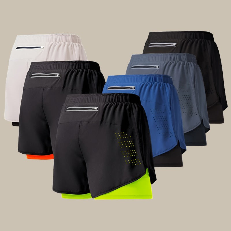 Herre hurtigtørrende løbeshorts, lette, åndbare, med mesh-paneler og lynlåslomme, ideelle til sport.