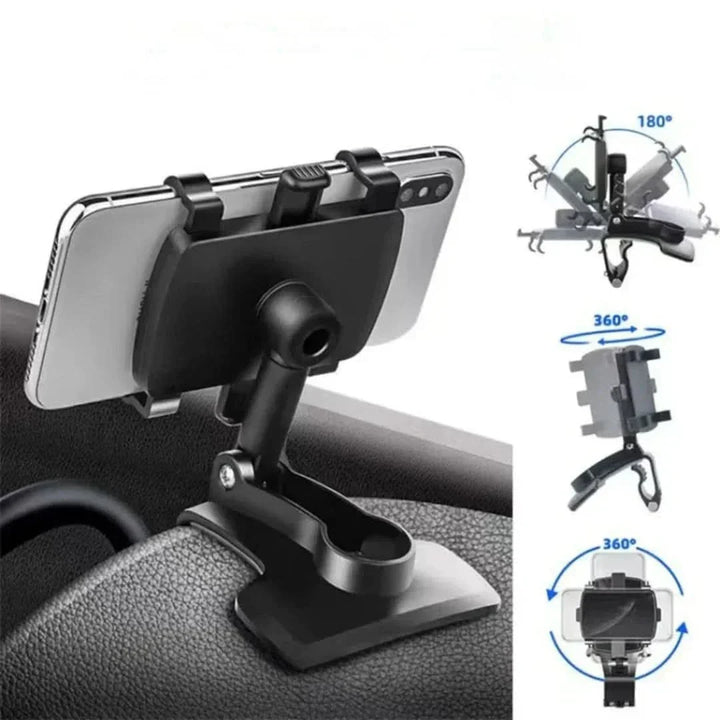 Sort 360° roterbar telefonholder, stabil og nem at montere, til bilens instrumentbræt, fremstillet af robust ABS.