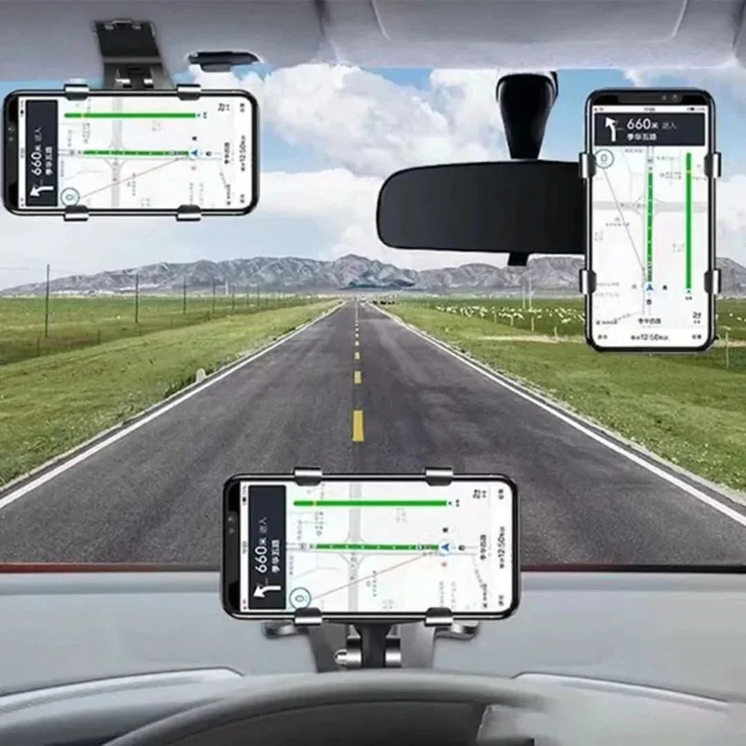 Sort 360° roterbar telefonholder, stabil og nem at montere, til bilens instrumentbræt, fremstillet af robust ABS.