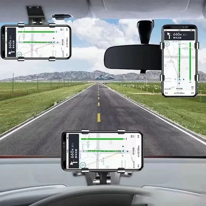 Sort 360° roterbar telefonholder, stabil og nem at montere, til bilens instrumentbræt, fremstillet af robust ABS.