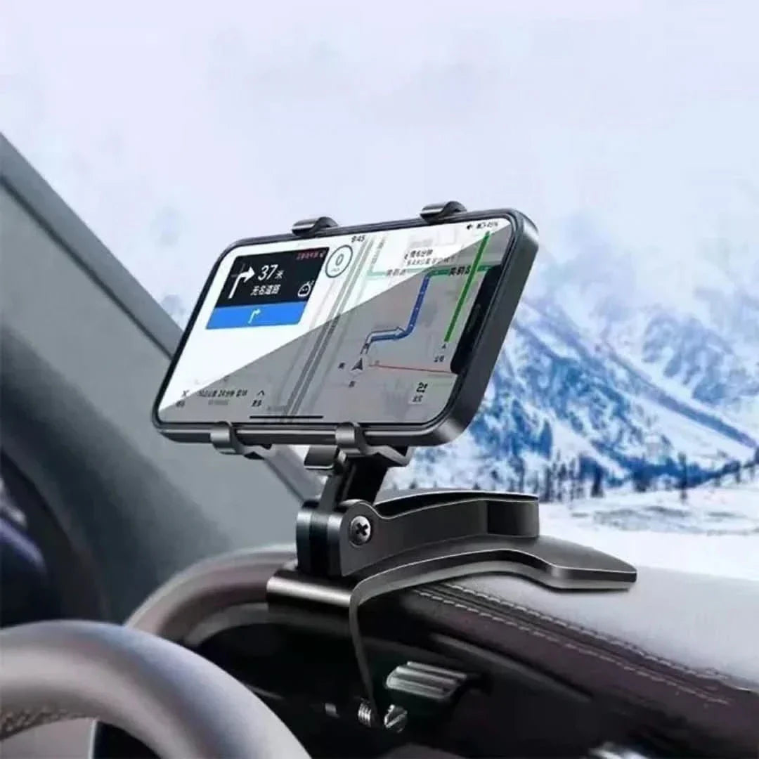 Sort 360° roterbar telefonholder, stabil og nem at montere, til bilens instrumentbræt, fremstillet af robust ABS.