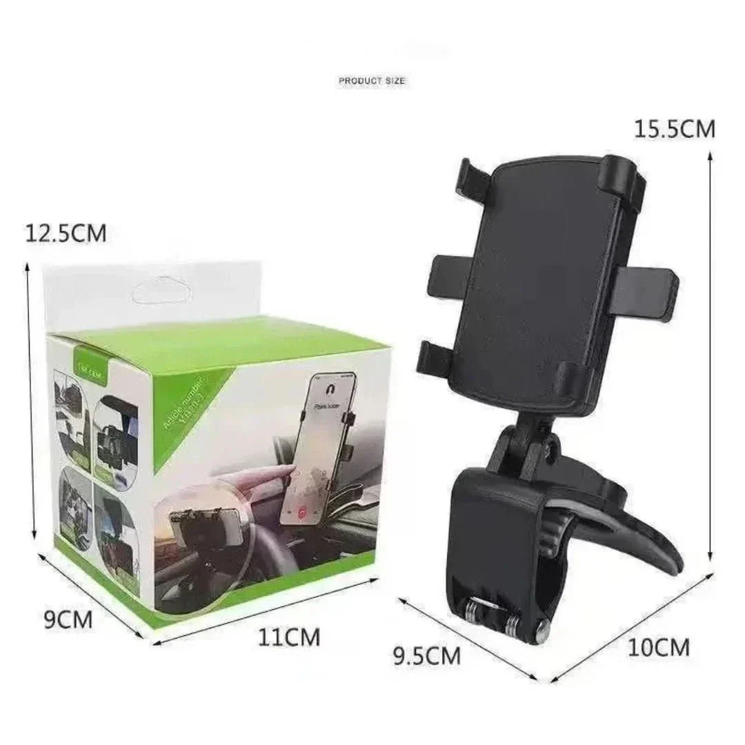 Sort 360° roterbar telefonholder, stabil og nem at montere, til bilens instrumentbræt, fremstillet af robust ABS.