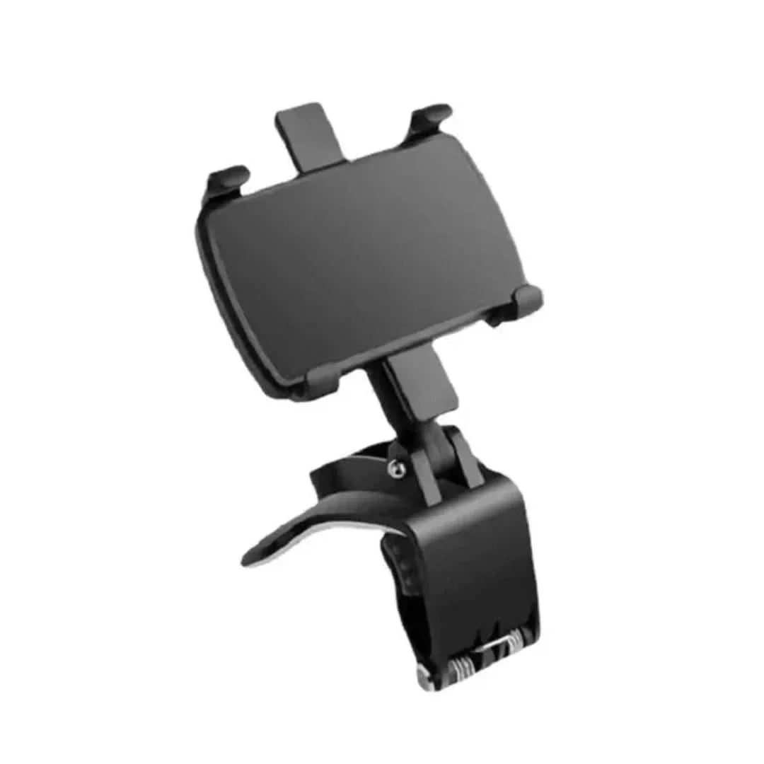 Sort 360° roterbar telefonholder, stabil og nem at montere, til bilens instrumentbræt, fremstillet af robust ABS.
