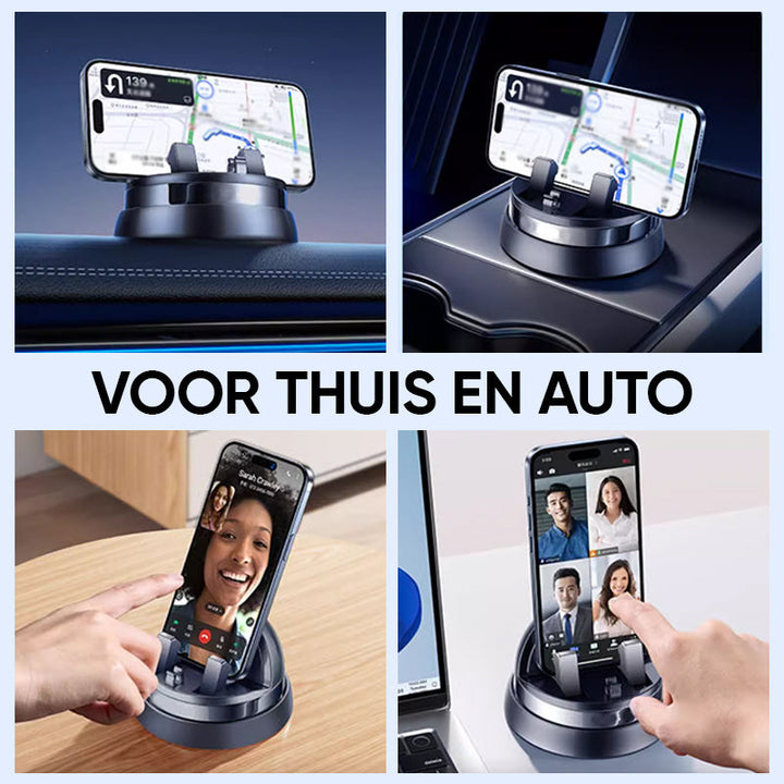 Sort 360° mobilholder til bil, fleksibel, sikker, med skridsikker base og universal kompatibilitet.