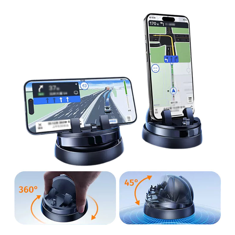 Sort 360° mobilholder til bil, fleksibel, sikker, med skridsikker base og universal kompatibilitet.