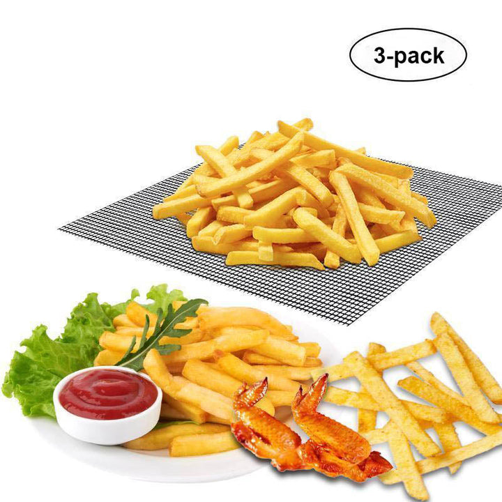 Billede af sort antihaft grillmåtte, der fremhæver dens non-stick overflade og slidstyrke.