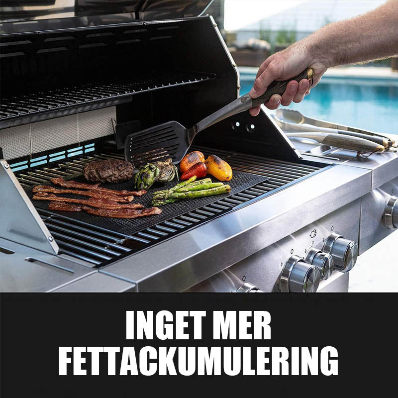 Detalje af den sorte antihaft grillmåtte, der viser dens holdbare konstruktion.