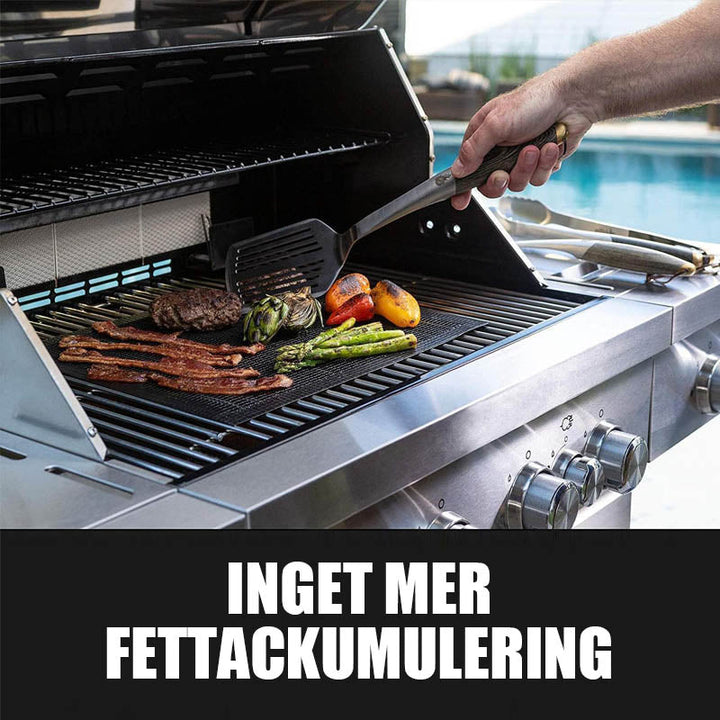 Detalje af den sorte antihaft grillmåtte, der viser dens holdbare konstruktion.