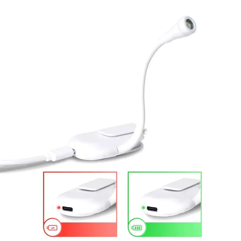 Sort, fleksibel læselampe med 360° rotation og genopladelig bogklemme samt dæmpbare LED'er, ideel til læsning.