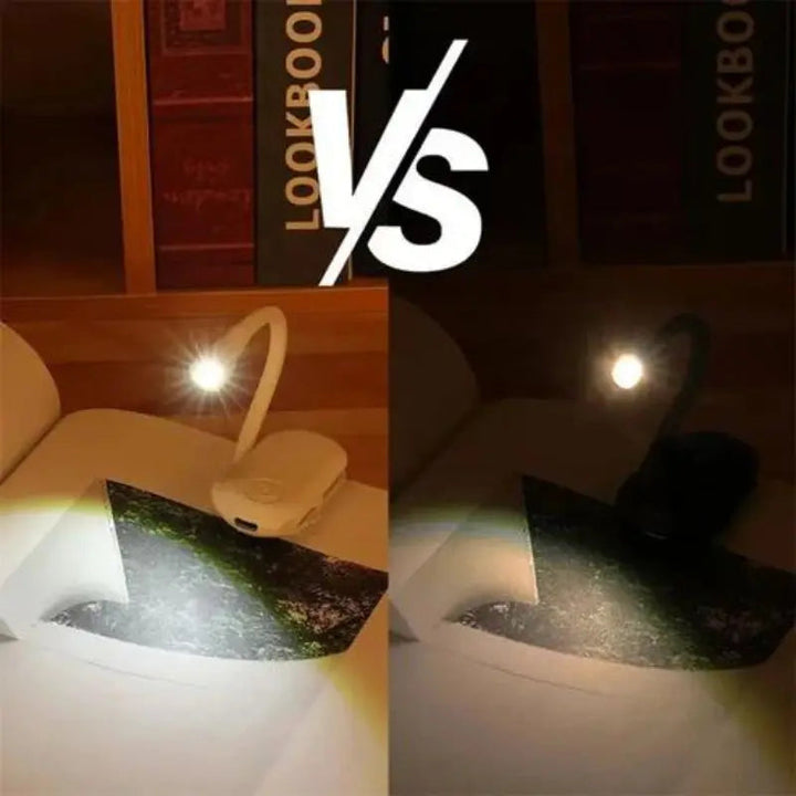 Sort, fleksibel læselampe med 360° rotation og genopladelig bogklemme samt dæmpbare LED'er, ideel til læsning.