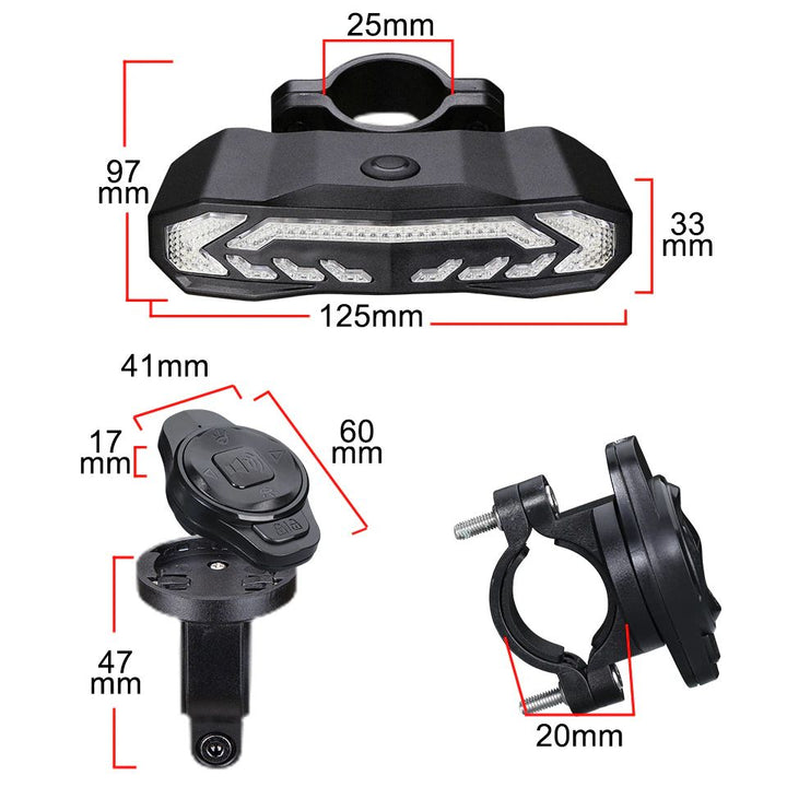 Sort baglygte med 31 LED og 6 tilstande monteret på cykelsadel, med integreret tyverialarm for øget sikkerhed.
