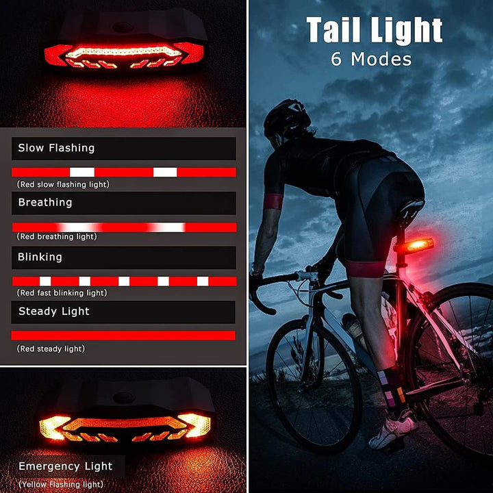 Sort baglygte med 31 LED og 6 tilstande monteret på cykelsadel, med integreret tyverialarm for øget sikkerhed.