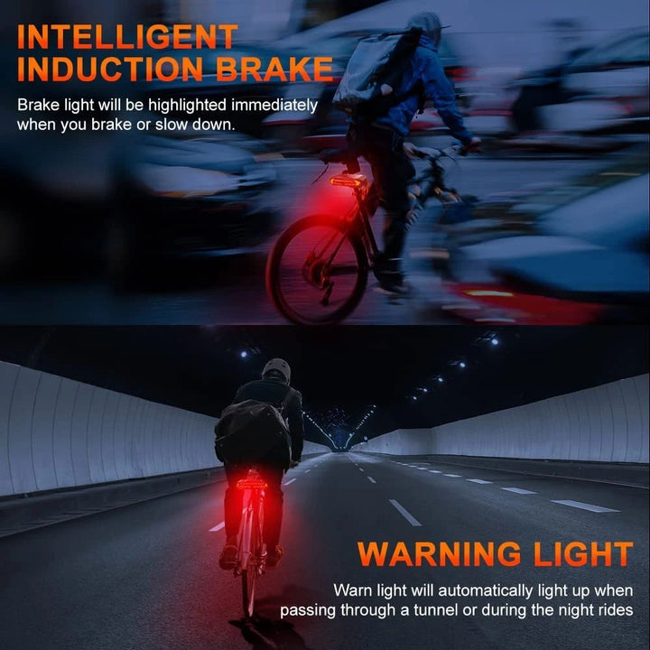 Sort baglygte med 31 LED og 6 tilstande monteret på cykelsadel, med integreret tyverialarm for øget sikkerhed.