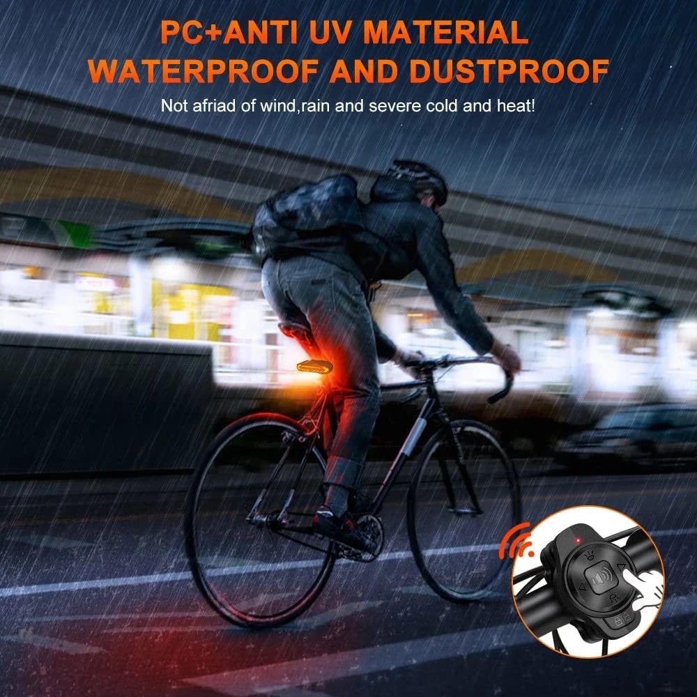 Sort baglygte med 31 LED og 6 tilstande monteret på cykelsadel, med integreret tyverialarm for øget sikkerhed.