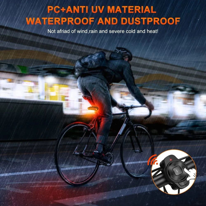 Sort baglygte med 31 LED og 6 tilstande monteret på cykelsadel, med integreret tyverialarm for øget sikkerhed.