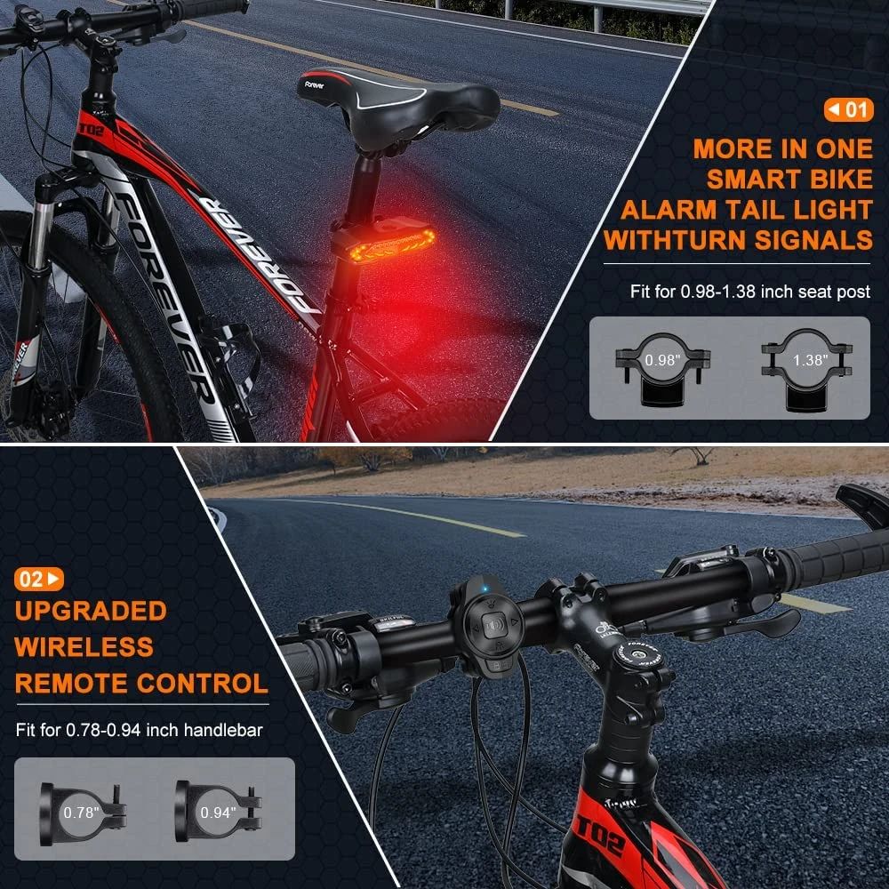Sort baglygte med 31 LED og 6 tilstande monteret på cykelsadel, med integreret tyverialarm for øget sikkerhed.