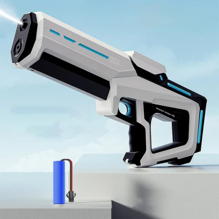 Sidebillede af den automatiske vandpistol med 1L tank og 10m rækkevidde, ideel til lange vandkampe.