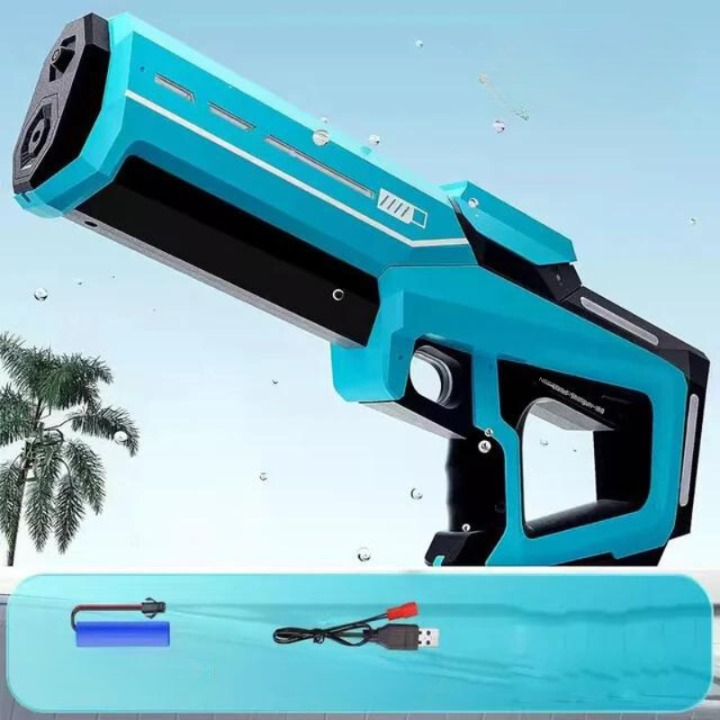 Sidebillede af den automatiske vandpistol med 1L tank og 10m rækkevidde, ideel til lange vandkampe.