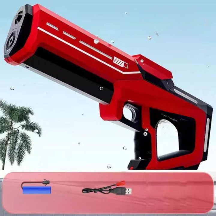Sidebillede af den automatiske vandpistol med 1L tank og 10m rækkevidde, ideel til lange vandkampe.