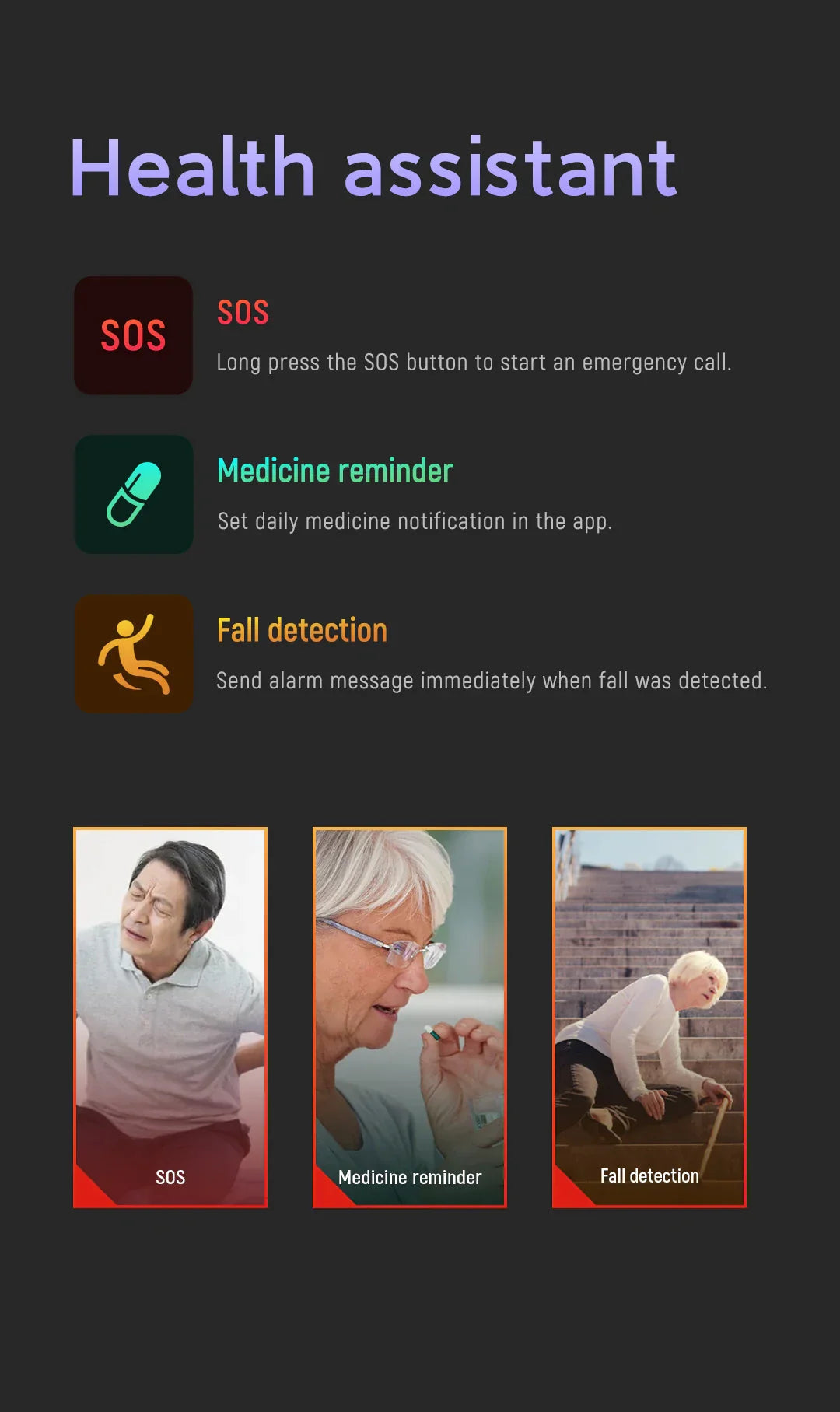 Skærmen på senior smartwatch viser SOS-alarm, falddetektion og GPS-position for hurtig hjælp.