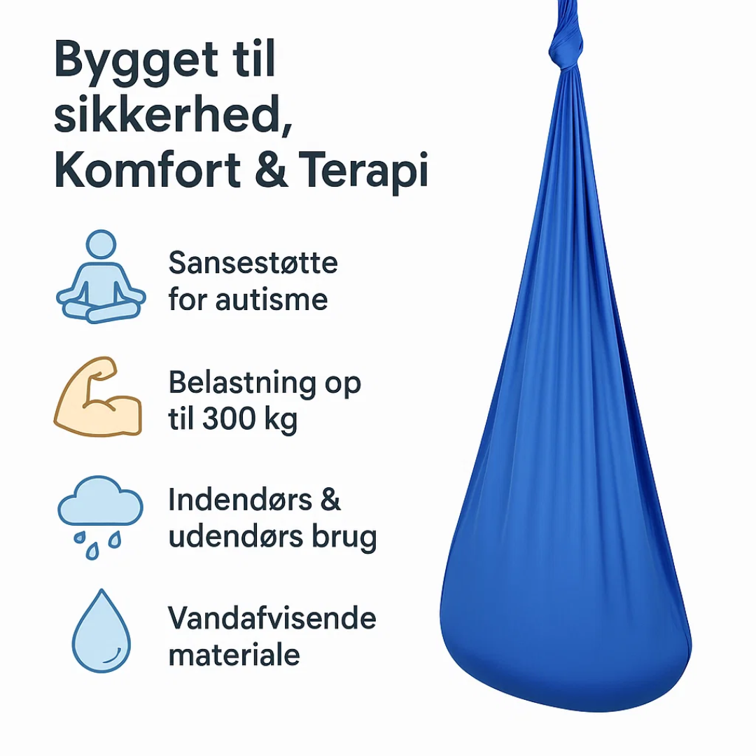 Barn svinger i sensorisk terapisving. Fremmer balance, sanseintegration og giver stresslindring, et autismeværktøj.